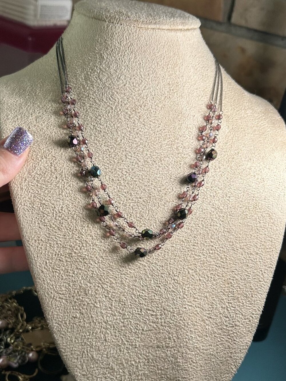 Lia Sophia 3-Tier Beaded Statement Necklace Purple & Aurora Borealis Glass